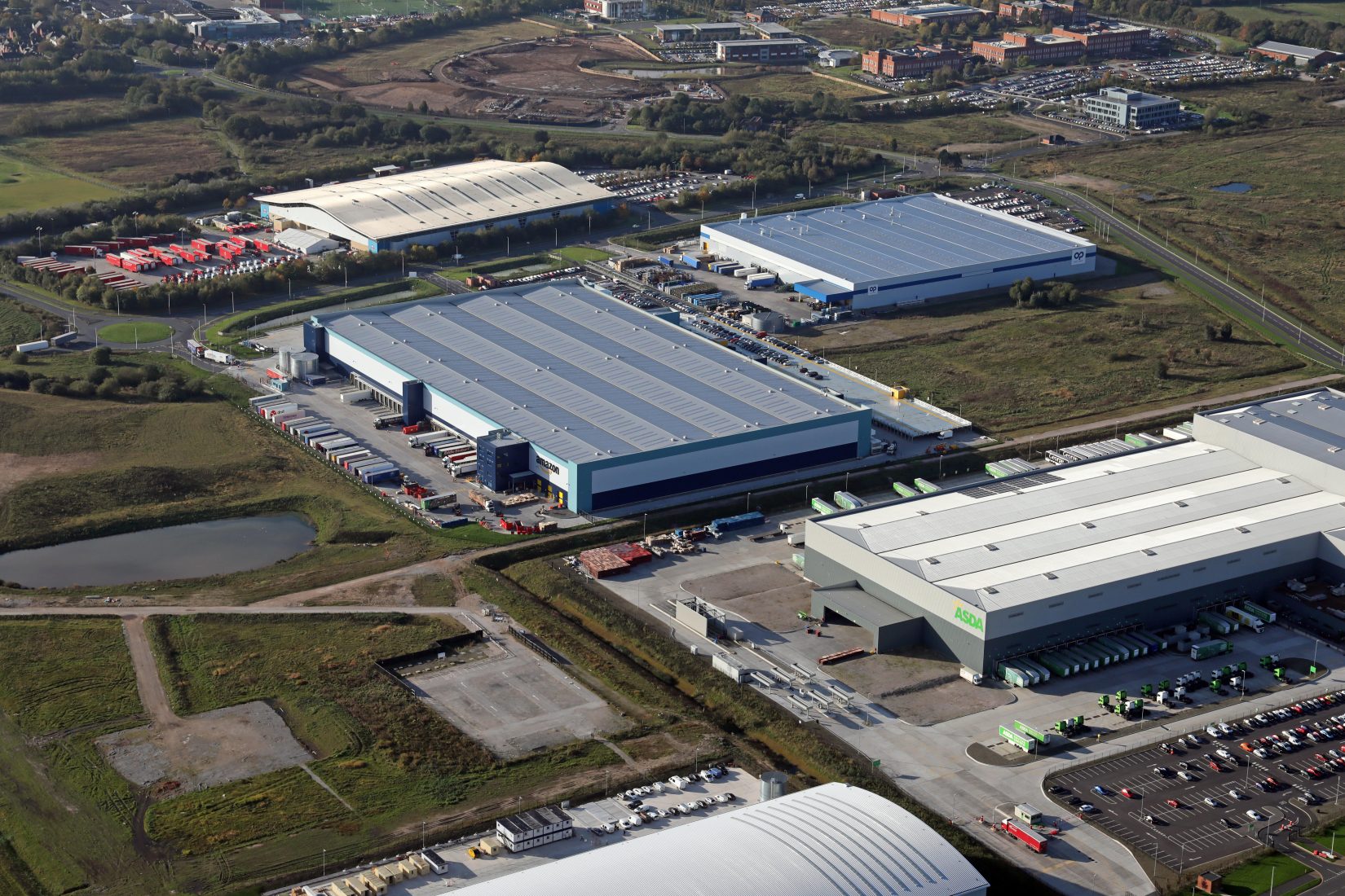 aerial view of the Asda & Amazon Distribution Centres at Warrington, J8